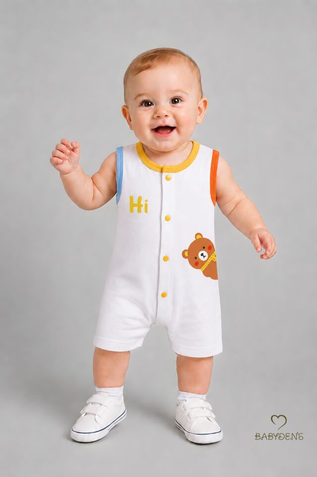 Erkek Bebek Tulum Yazlık Pamuklu Şortlu Çıtçıtlı Ayıcık Baskılı Bebek Tulumu Yenidoğan Bebek Giyim 0-9 Ay