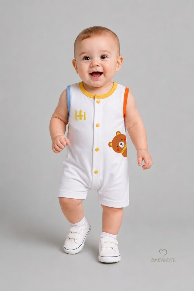 Erkek Bebek Tulum Yazlık Pamuklu Şortlu Çıtçıtlı Ayıcık Baskılı Bebek Tulumu Yenidoğan Bebek Giyim 0-9 Ay