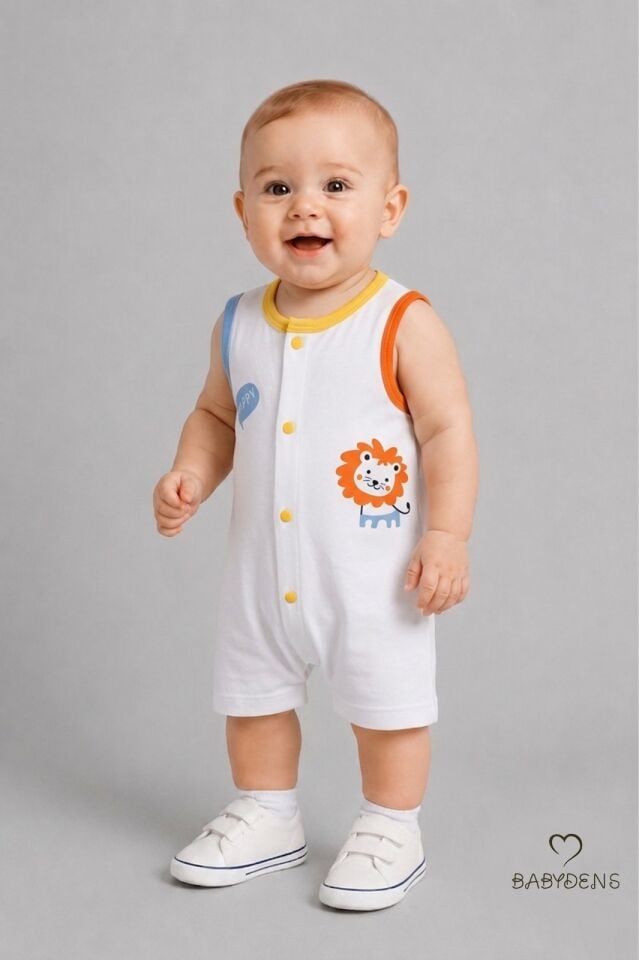 Erkek Bebek Tulum Yazlık Pamuklu Şortlu Çıtçıtlı Aslan Baskılı Bebek Tulumu Yenidoğan Bebek Giyim 0-9 Ay