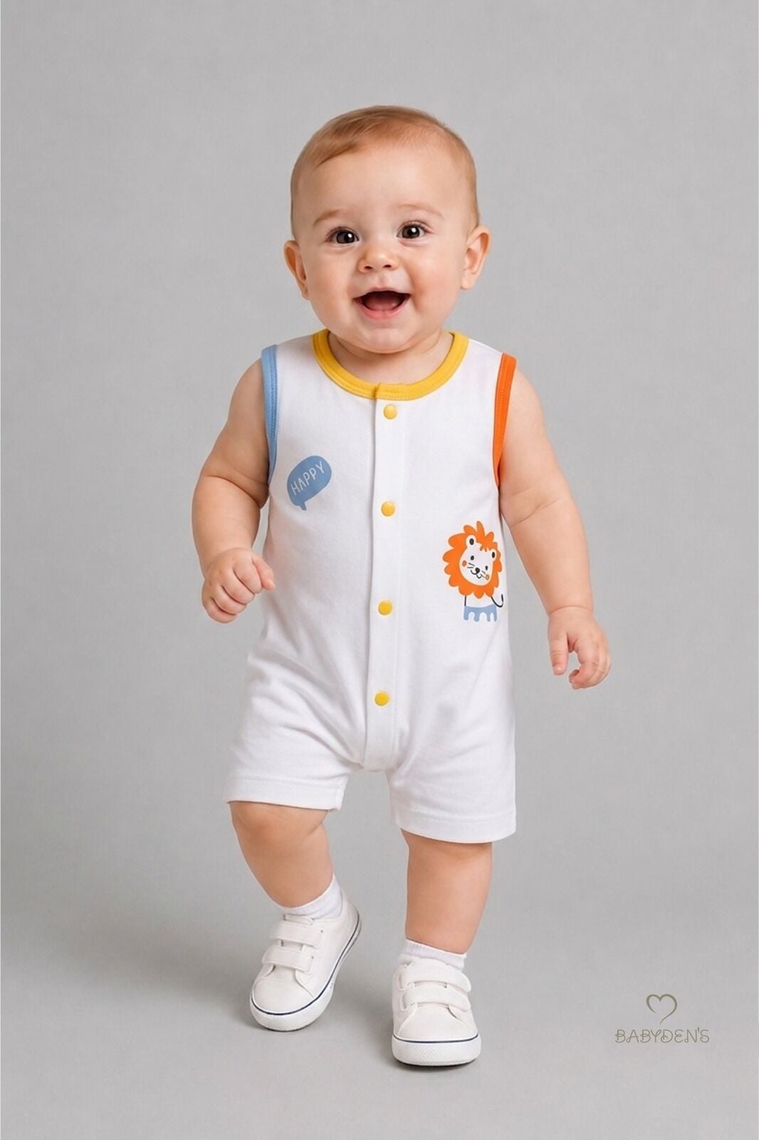 Erkek Bebek Tulum Yazlık Pamuklu Şortlu Çıtçıtlı Aslan Baskılı Bebek Tulumu Yenidoğan Bebek Giyim 0-9 Ay