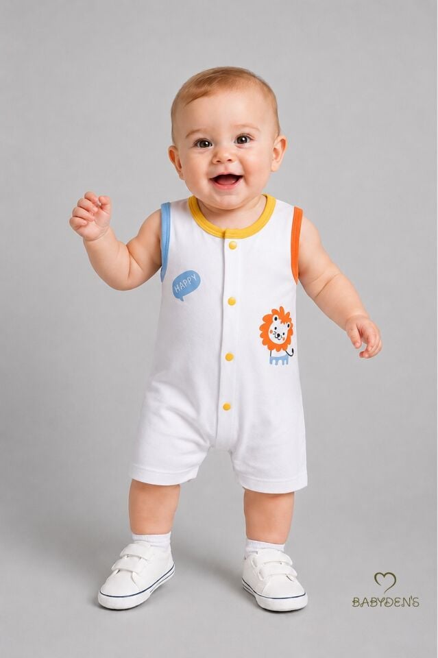 Erkek Bebek Tulum Yazlık Pamuklu Şortlu Çıtçıtlı Aslan Baskılı Bebek Tulumu Yenidoğan Bebek Giyim 0-9 Ay