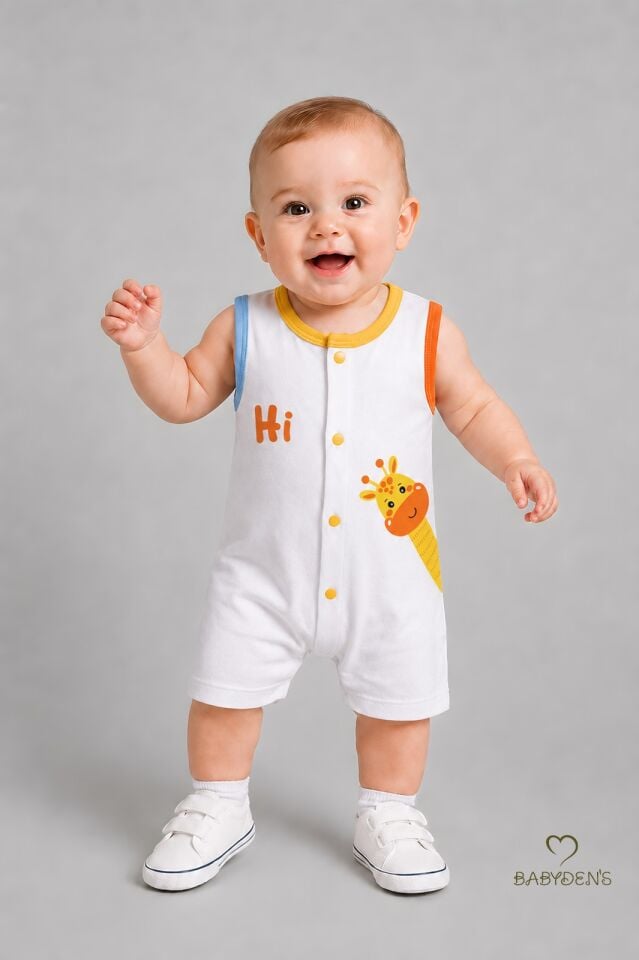 Erkek Bebek Tulum Yazlık Pamuklu Şortlu Çıtçıtlı Zürafa Baskılı Bebek Tulumu Yenidoğan Bebek Giyim 0-9 Ay