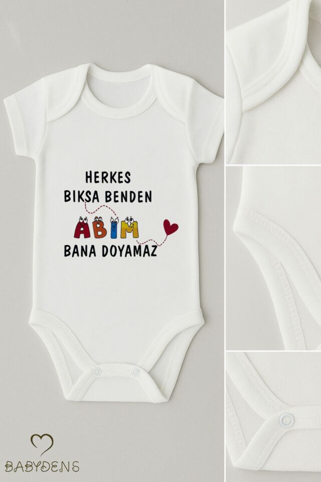 Herkes Bıksa Benden Abim Bana Doyamaz Yazılı Bebek Zıbını %100 Pamuklu Kısa Kollu Body Tulum 9 - 12 Ay