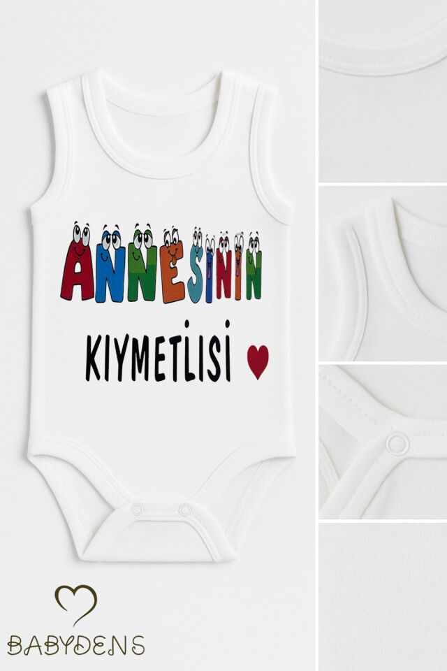 “Annesinin Kıymetlisi” Yazılı Kolsuz Bebek Zıbın %100 Pamuk Yazlık Body Sevimli Çıtçıtlı Bebek Body 0-3 Ay