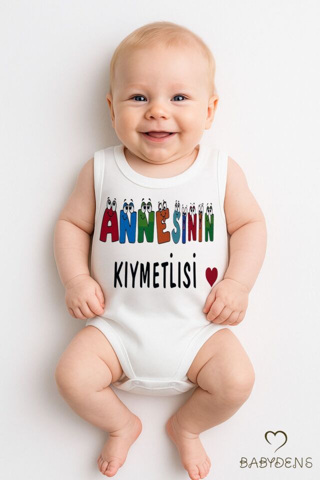 “Annesinin Kıymetlisi” Yazılı Kolsuz Bebek Zıbın %100 Pamuk Yazlık Body Sevimli Çıtçıtlı Bebek Body 9 - 12 Ay