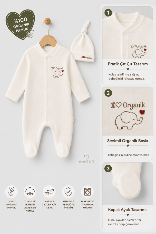%100 Organik Pamuk Bebek Tulumu Şapkalı Yenidoğan Hastane Çıkışı Çıtçıtlı Patikli Uzun Kollu Unisex Bebek Tulum Ekru