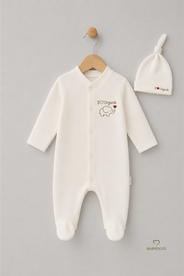%100 Organik Pamuk Bebek Tulumu Şapkalı Yenidoğan Hastane Çıkışı Çıtçıtlı Patikli Uzun Kollu Unisex Bebek Tulum Ekru
