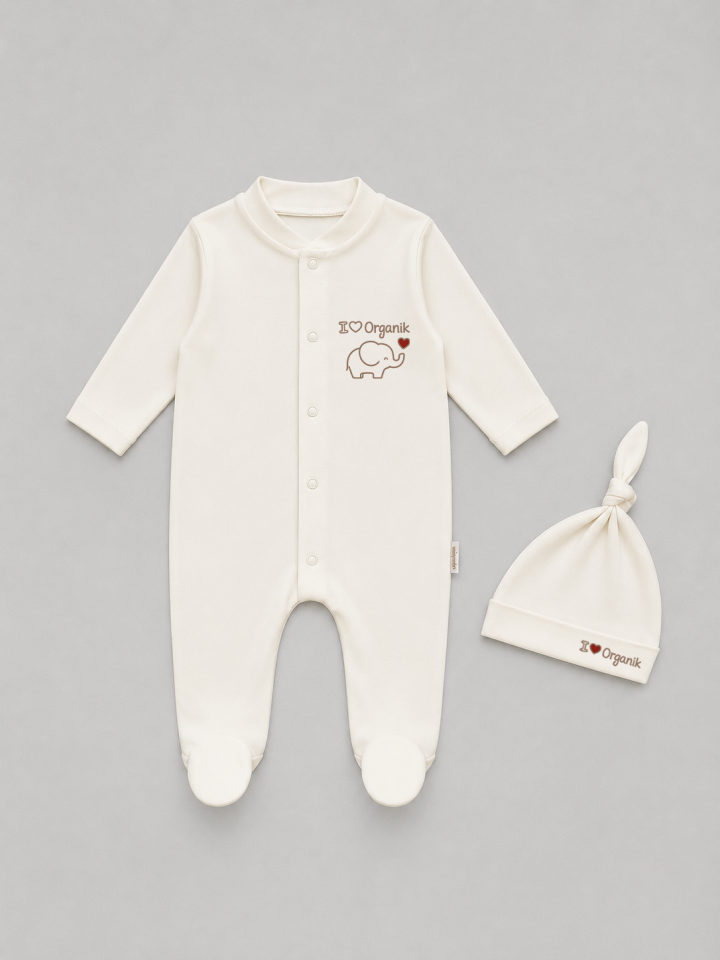 %100 Organik Pamuk Bebek Tulumu Şapkalı Yenidoğan Hastane Çıkışı Çıtçıtlı Patikli Uzun Kollu Unisex Bebek Tulum Ekru