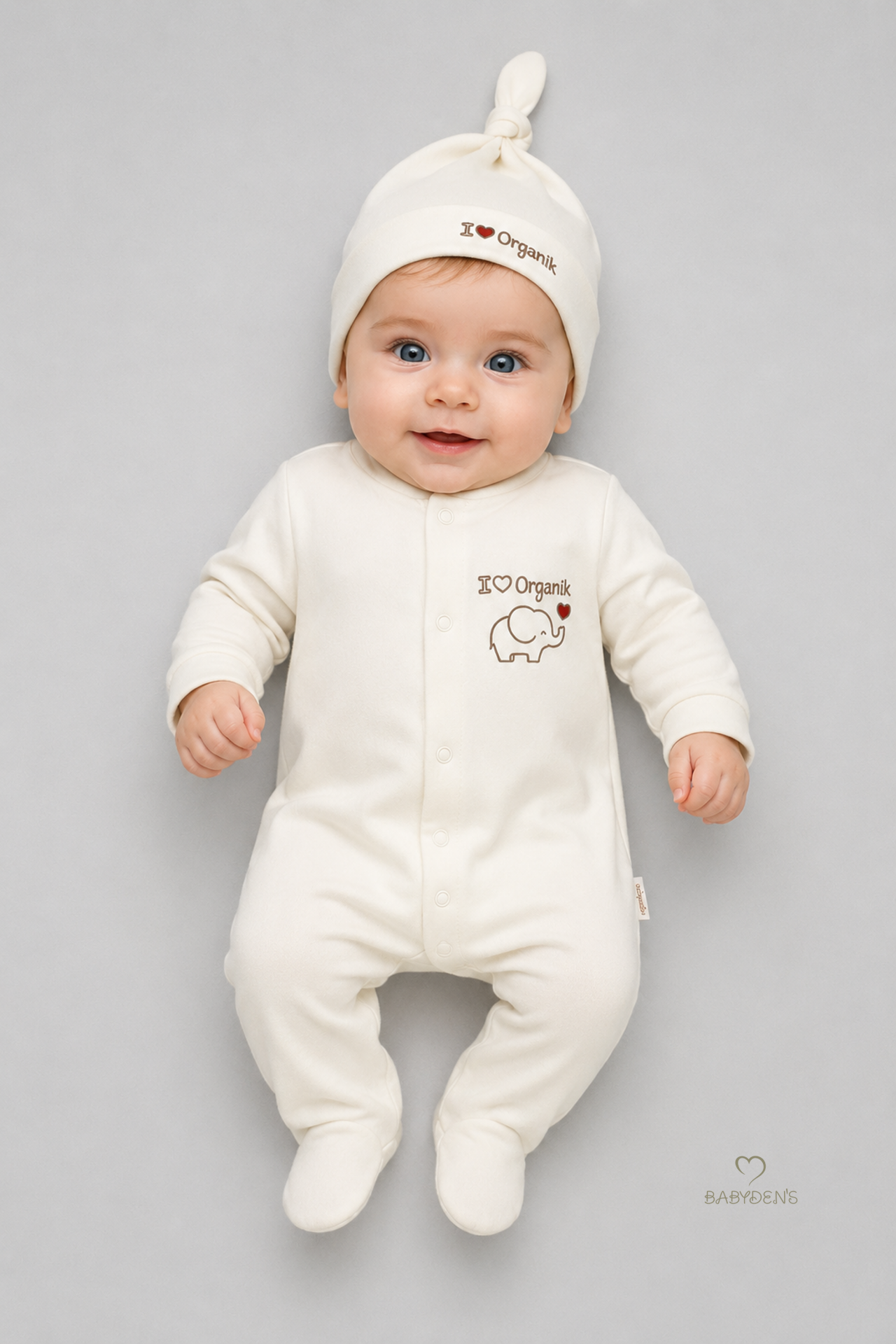 %100 Organik Pamuk Bebek Tulumu Şapkalı Yenidoğan Hastane Çıkışı Çıtçıtlı Patikli Uzun Kollu Unisex Bebek Tulum Ekru