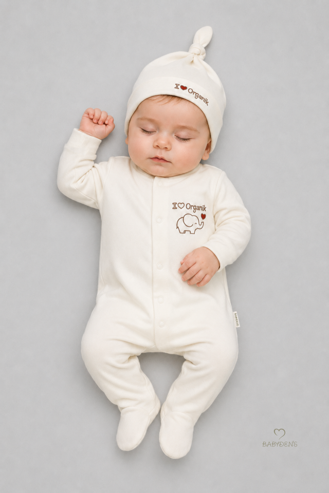 %100 Organik Pamuk Bebek Tulumu Şapkalı Yenidoğan Hastane Çıkışı Çıtçıtlı Patikli Uzun Kollu Unisex Bebek Tulum Ekru