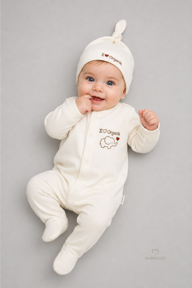 %100 Organik Pamuk Bebek Tulumu Şapkalı Yenidoğan Hastane Çıkışı Çıtçıtlı Patikli Uzun Kollu Unisex Bebek Tulum Ekru