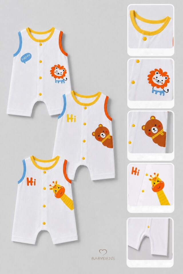Erkek Bebek Şortlu Tulum 3'lü Set % 100 Pamuklu Kolsuz Çıtçıtlı Yazlık Safari Baskılı Yenidoğan Bebek Tulumu