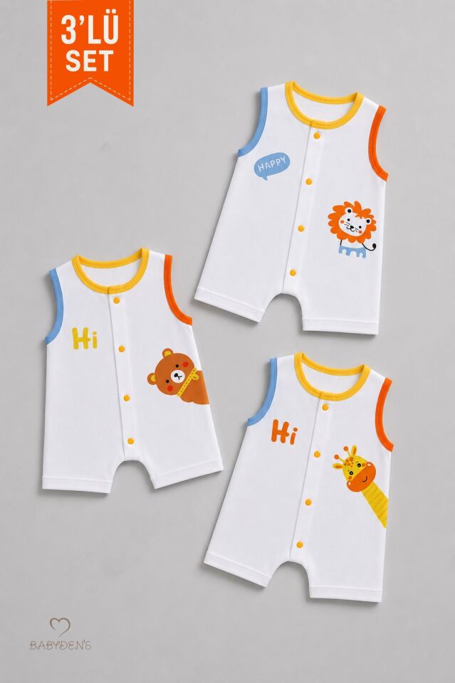 Erkek Bebek Şortlu Tulum 3'lü Set % 100 Pamuklu Kolsuz Çıtçıtlı Yazlık Safari Baskılı Yenidoğan Bebek Tulumu