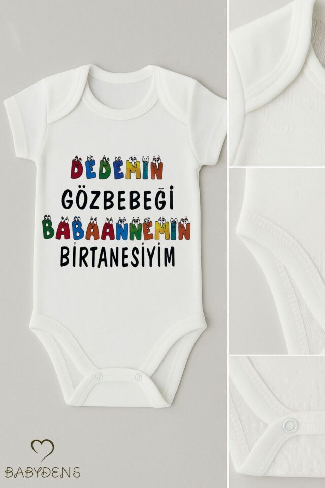 Dedemin Gözbebeği Babaannemin Birtanesiyim Yazılı Çıtçıtlı Bebek Body Renkli Baskılı %100Pamuk Zıbın 9 - 12 Ay