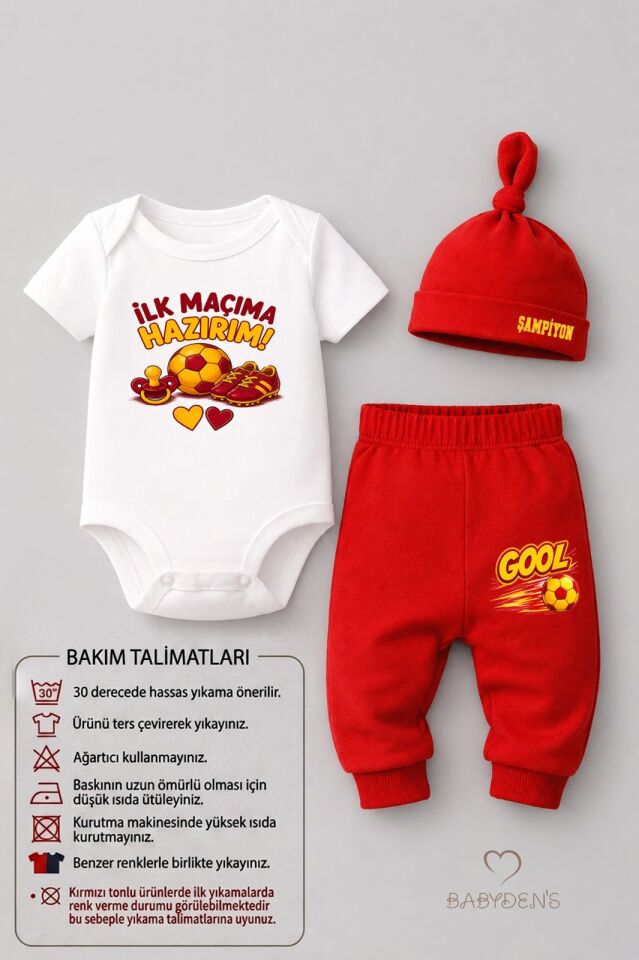 Bebek 3'lü Takım Sarı Kırmızı Taraftar Temalı Kısa Kol %100 Pamuk Yenidoğan Body Pantolon Şapka Seti İlk Maçıma Hazırım 0-9 Ay