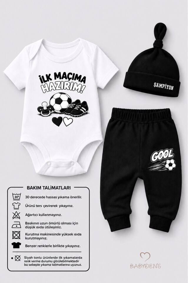 Bebek 3'lü Takım Siyah Beyaz Taraftar Temalı Kısa Kol %100 Pamuk Yenidoğan Body Pantolon Şapka Seti İlk Maçıma Hazırım 0-9 Ay