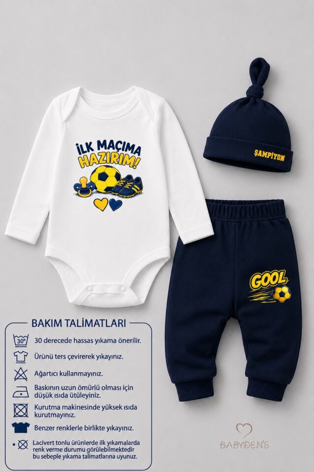 Bebek 3'lü Takım Sarı Lacivert Taraftar Temalı Uzun Kol %100 Pamuk Yenidoğan Body Pantolon Şapka Seti İlk Maçıma Hazırım 0-9 Ay