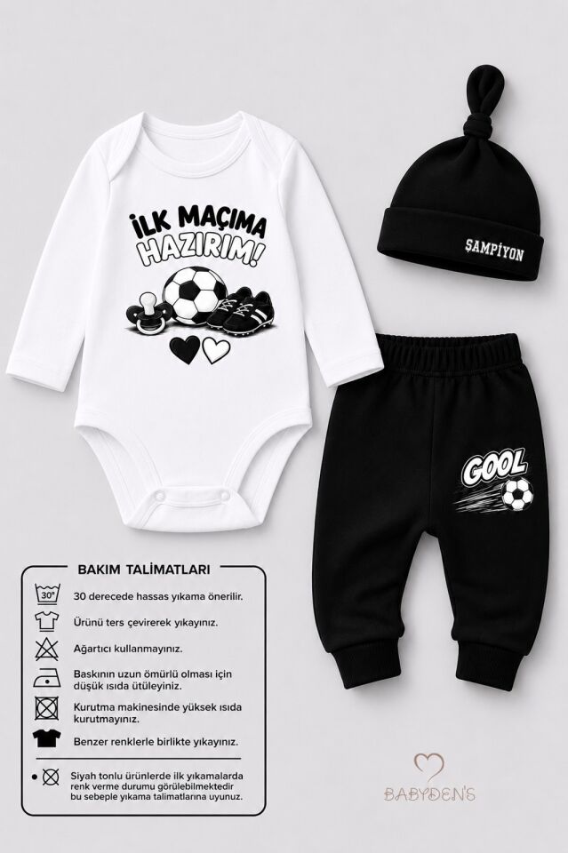 Bebek 3'lü Takım Siyah Beyaz Taraftar Temalı Uzun Kol %100 Pamuk Yenidoğan Body Pantolon Şapka Seti İlk Maçıma Hazırım 0-9 Ay