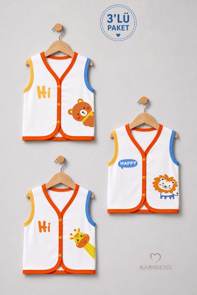 3'lü Bebek Yeleği %100 Pamuk Çıtçıtlı Mevsimlik Yenidoğan Bebek Yelek Seti Safari Baskılı Unisex 0-9 Ay
