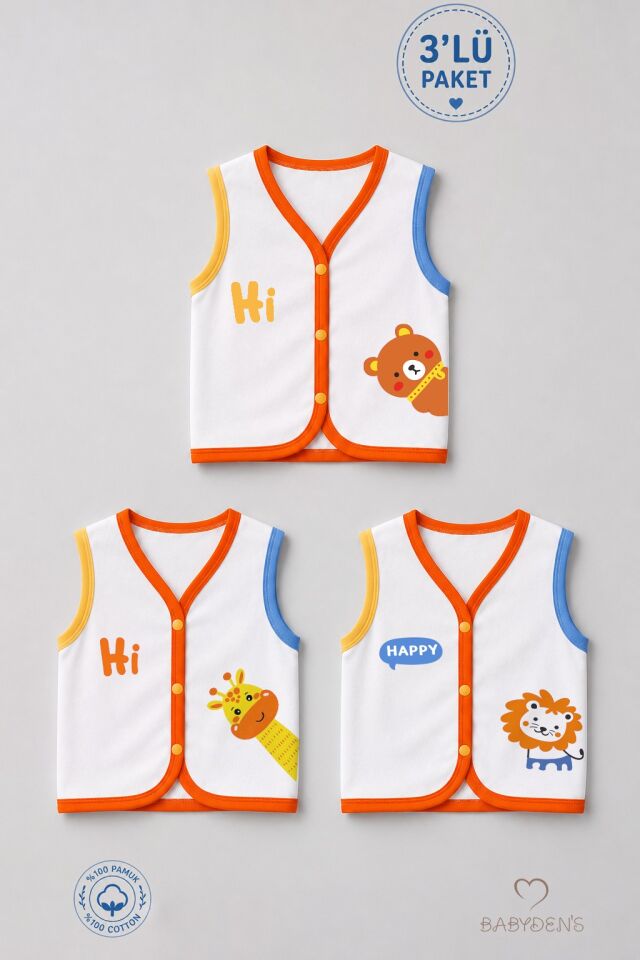3'lü Bebek Yeleği %100 Pamuk Çıtçıtlı Mevsimlik Yenidoğan Bebek Yelek Seti Safari Baskılı Unisex 0-9 Ay