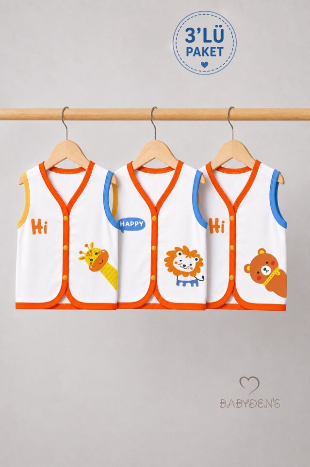 3'lü Bebek Yeleği %100 Pamuk Çıtçıtlı Mevsimlik Yenidoğan Bebek Yelek Seti Safari Baskılı Unisex 0-9 Ay