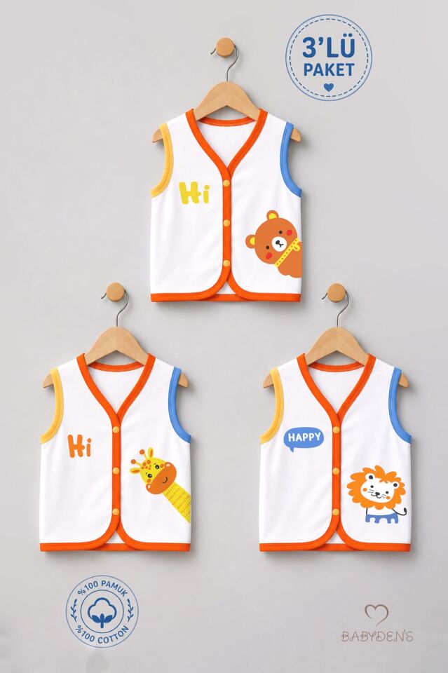 3'lü Bebek Yeleği %100 Pamuk Çıtçıtlı Mevsimlik Yenidoğan Bebek Yelek Seti Safari Baskılı Unisex 0-9 Ay