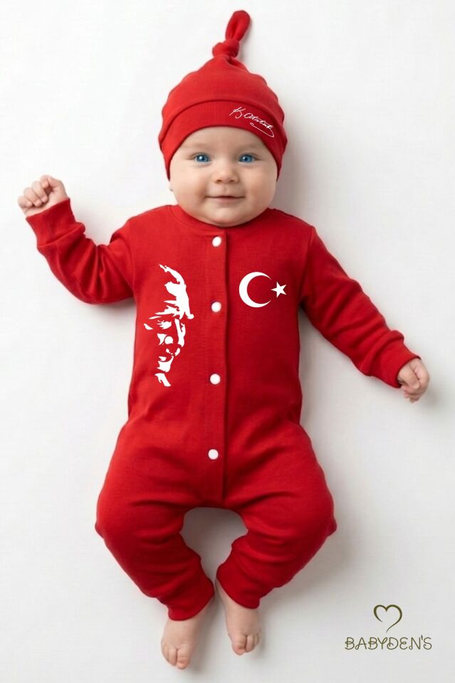 2’li Bebek Tulum Seti,Milli Bayramlar Özel Seri Atatürk Baskılı Yenidoğan Bebek Tulum Şapka Set Unisex