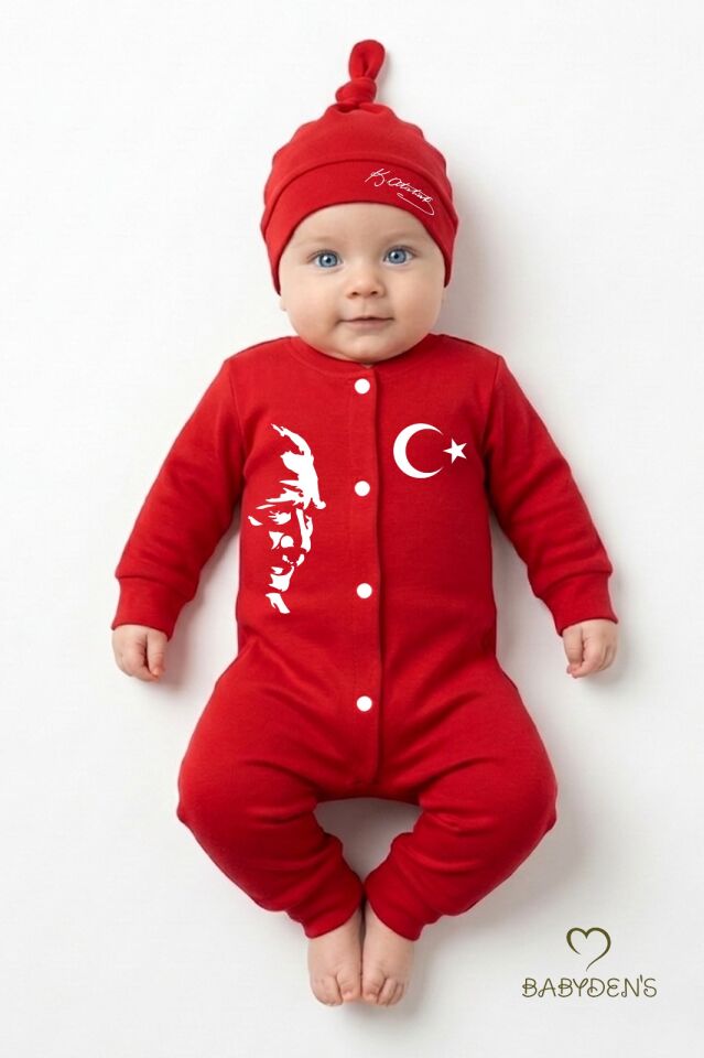 2’li Bebek Tulum Seti,Milli Bayramlar Özel Seri Atatürk Baskılı Yenidoğan Bebek Tulum Şapka Set Unisex