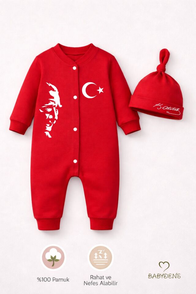 2’li Bebek Tulum Seti,Milli Bayramlar Özel Seri Atatürk Baskılı Yenidoğan Bebek Tulum Şapka Set Unisex