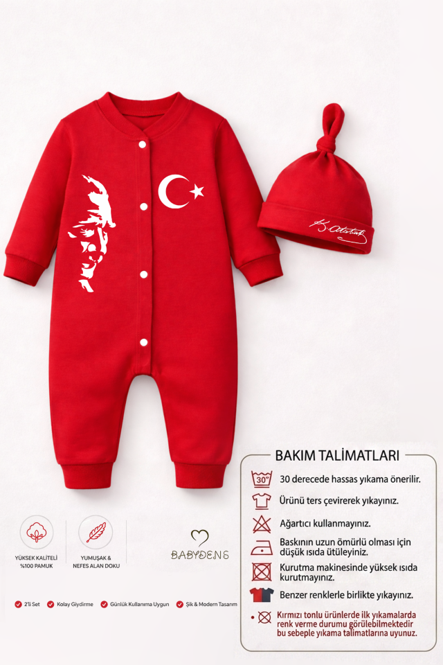 2’li Bebek Tulum Seti,Milli Bayramlar Özel Seri Atatürk Baskılı Yenidoğan Bebek Tulum Şapka Set Unisex