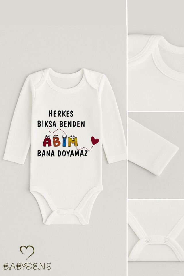 “Abim Bana Doyamaz” Yazılı Uzun Kollu Bebek Body %100 Pamuk, Çıtçıtlı Zıbın 0-24 Ay Arası Unisex 0-3 Ay
