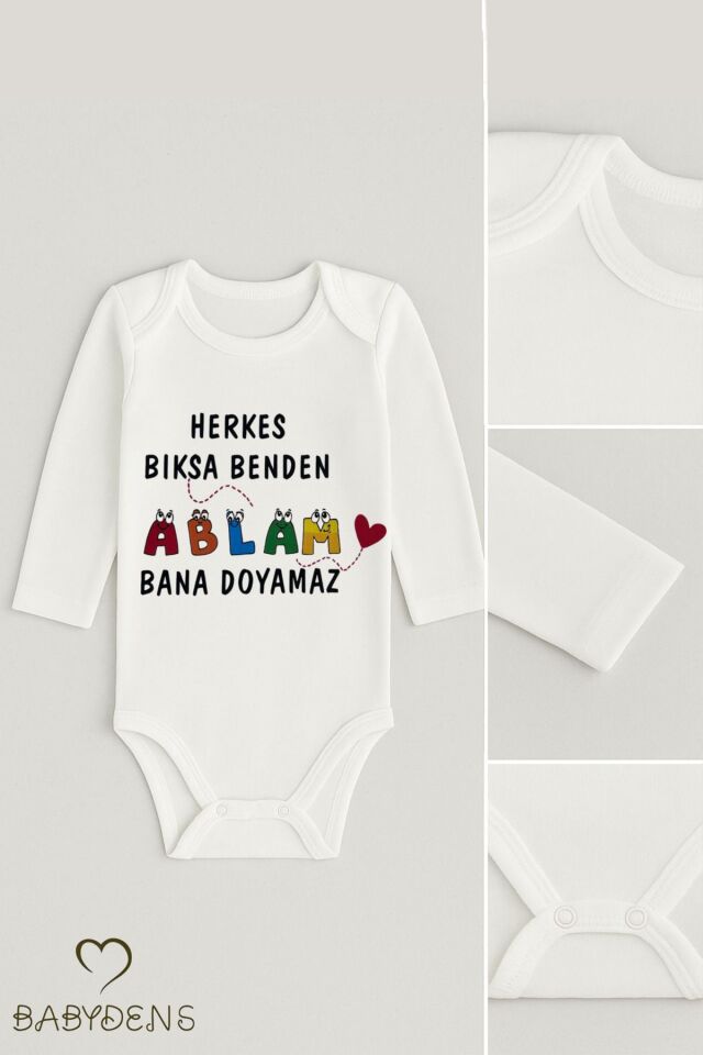 “Ablam Bana Doyamaz” Yazılı Uzun Kollu Bebek Body Çıtçıtlı %100Pamuk Zıbın 0-24 Ay Unisex Bebek Body 0-3 Ay