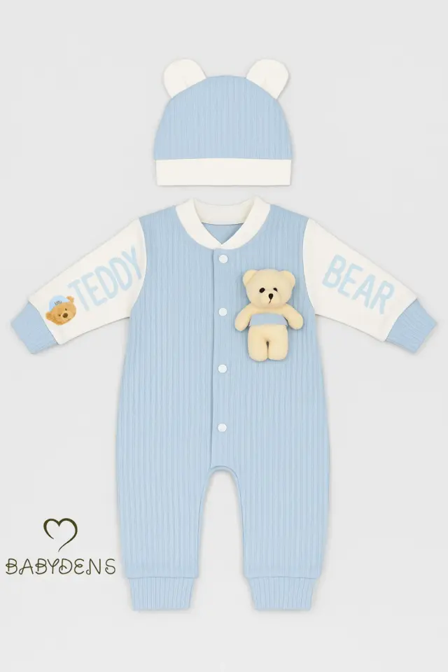 Teddy Bear Temalı Yenidoğan Fitilli Tulum Takımı Ayıcıklı Erkek Bebek Tulum Şapka Set %100Pamuk - Mavi
