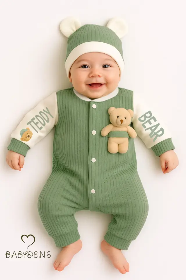 Teddy Bear Temalı Yenidoğan Fitilli Tulum Takımı Ayıcıklı Erkek Bebek Tulum Şapka Set %100Pamuk - Yeşil