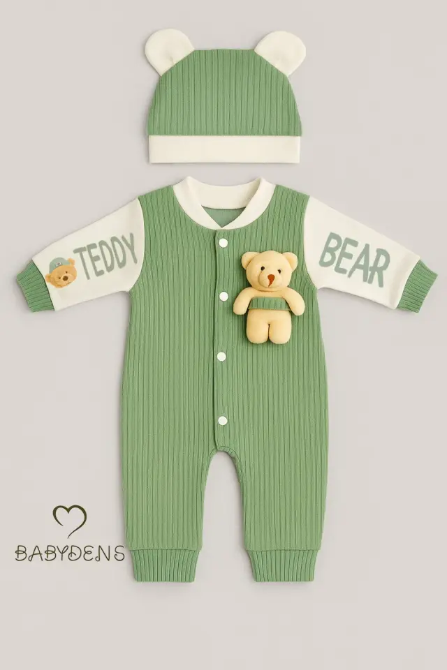 Teddy Bear Temalı Yenidoğan Fitilli Tulum Takımı Ayıcıklı Erkek Bebek Tulum Şapka Set %100Pamuk - Yeşil