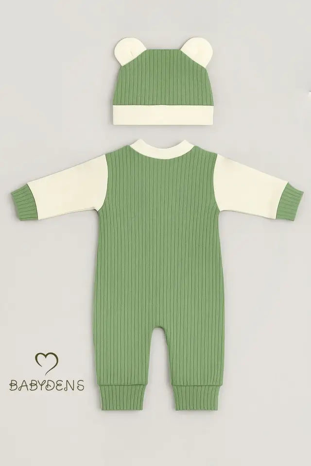 Teddy Bear Temalı Yenidoğan Fitilli Tulum Takımı Ayıcıklı Erkek Bebek Tulum Şapka Set %100Pamuk - Yeşil