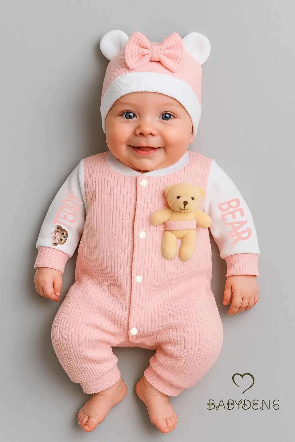 Teddy Bear Temalı Yenidoğan Fitilli Tulum Takımı Ayıcıklı Kız Bebek Tulum Şapka Set %100 Pamuk - Pembe