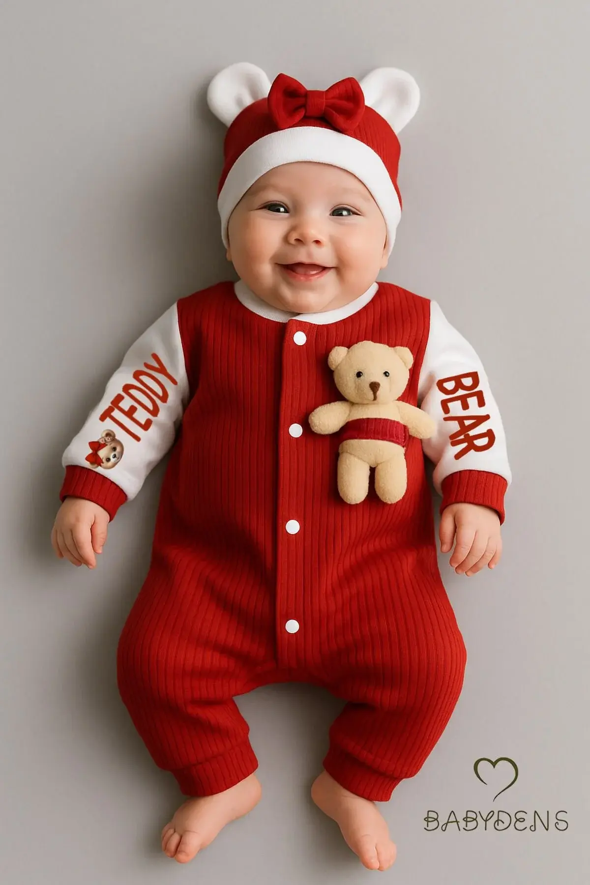 Teddy Bear Temalı Yenidoğan Fitilli Tulum Takımı Ayıcıklı Kız Bebek Tulum Şapka Set %100 Pamuk - Bordo