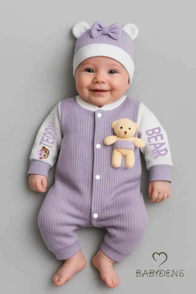 Teddy Bear Temalı Yenidoğan Fitilli Tulum Takımı Ayıcıklı Kız Bebek Tulum Şapka Set %100 Pamuk - Mor