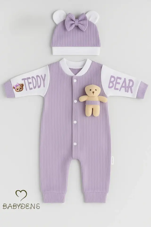 Teddy Bear Temalı Yenidoğan Fitilli Tulum Takımı Ayıcıklı Kız Bebek Tulum Şapka Set %100 Pamuk - Mor