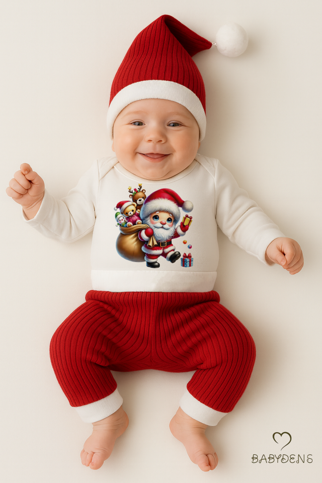 Bebek Yılbaşı Noel Kıyafeti 3’lü Set ,Santa Baskılı Uzun Kollu Body, Kırmızı Fitilli Pantolon,Şapka