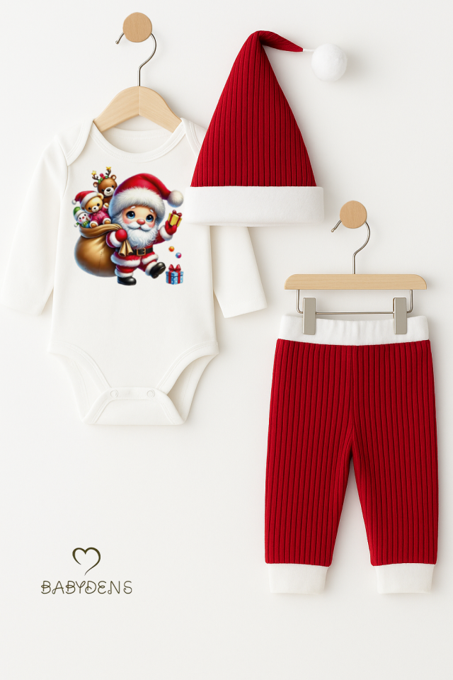 Bebek Yılbaşı Noel Kıyafeti 3’lü Set ,Santa Baskılı Uzun Kollu Body, Kırmızı Fitilli Pantolon,Şapka
