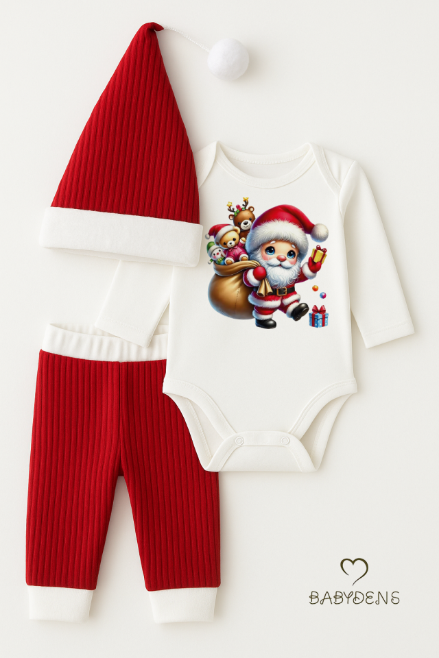 Bebek Yılbaşı Noel Kıyafeti 3’lü Set ,Santa Baskılı Uzun Kollu Body, Kırmızı Fitilli Pantolon,Şapka