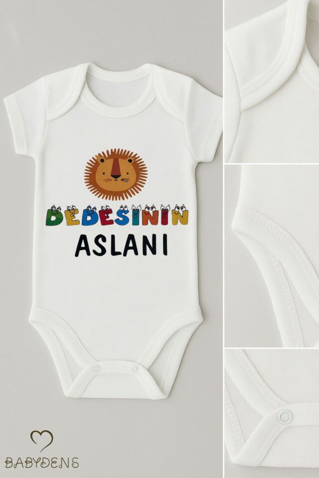 Dedesi'nin Aslanı Yazılı Bebek Çıtçıtlı Body Tulum | %100 Pamuk | Eğlenceli Aslan Baskı Zıbın 0-3 Ay