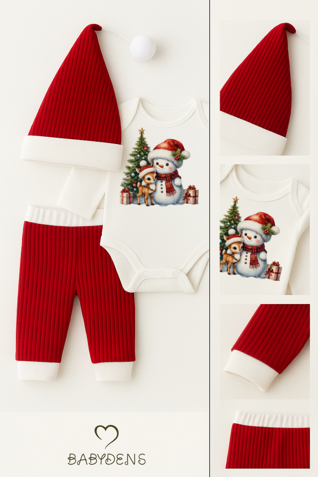Bebek Yılbaşı Noel Kıyafeti 3’lü Takımı Snowman Baskılı Body,Kırmızı Fitilli Pantolon,Noel Şapkası