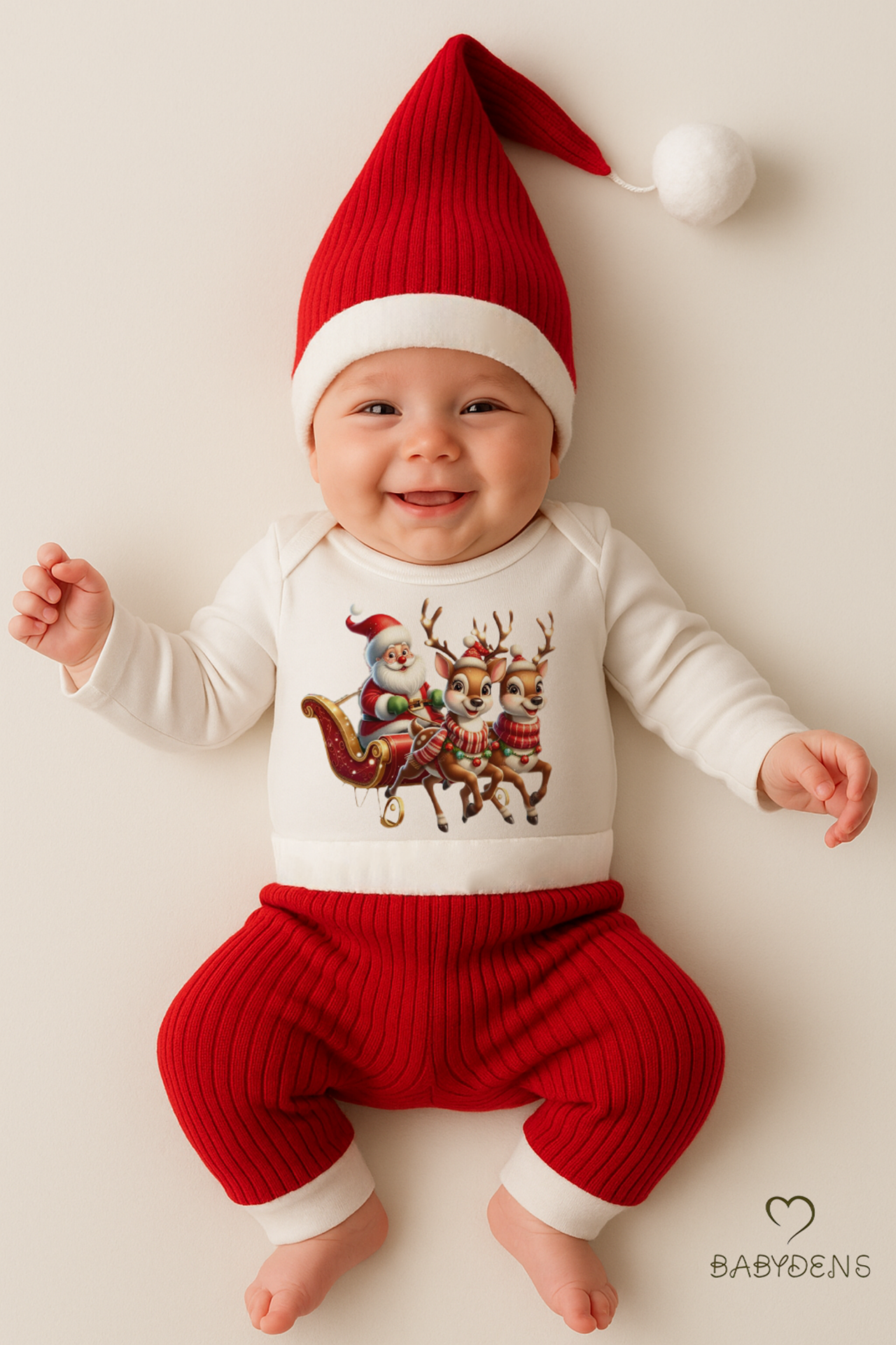 Bebek Yılbaşı Noel Kıyafeti 3’lü Takım,Noel Baskılı Uzun Kollu Body,Fitilli Pantolon,Ponponlu Şapka