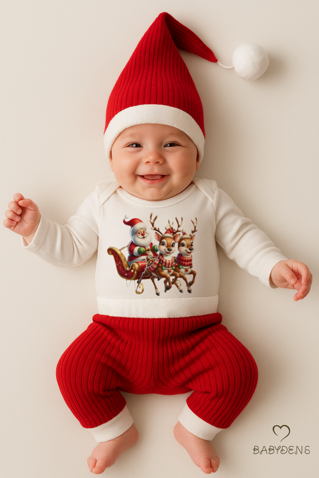 Bebek Yılbaşı Noel Kıyafeti 3’lü Takım,Noel Baskılı Uzun Kollu Body,Fitilli Pantolon,Ponponlu Şapka