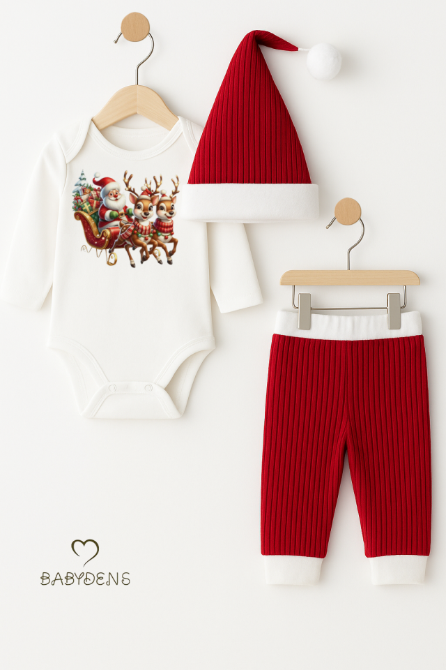 Bebek Yılbaşı Noel Kıyafeti 3’lü Takım,Noel Baskılı Uzun Kollu Body,Fitilli Pantolon,Ponponlu Şapka