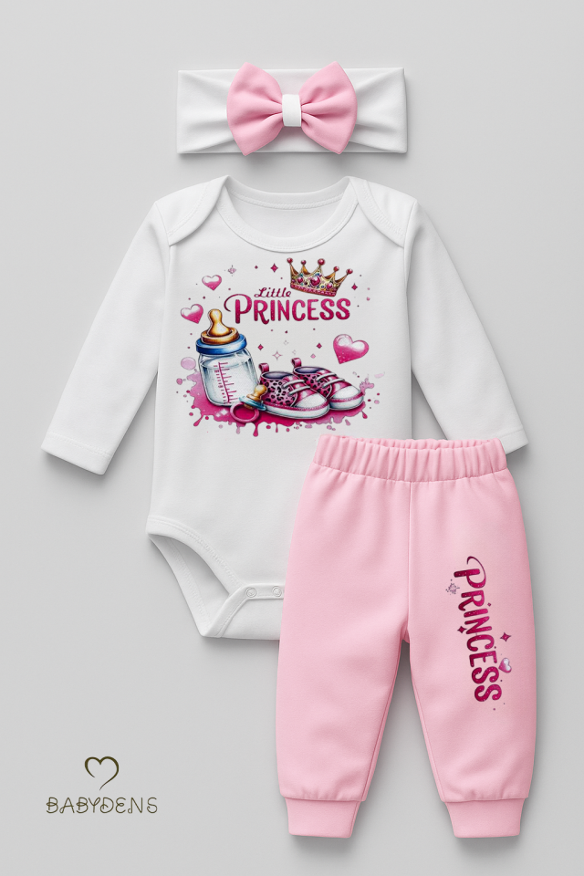 Little Princess 3’lü Kız Bebek Takımı Uzun Kollu Pamuklu Body,Pembe Pantolon ve Fiyonk Bandana Seti