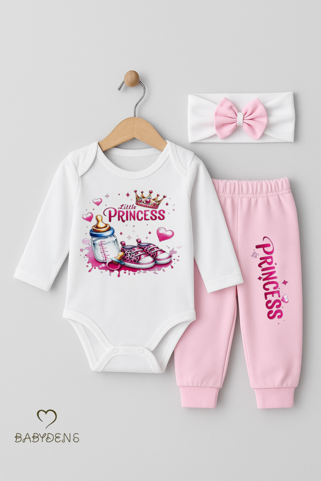 Little Princess 3’lü Kız Bebek Takımı Uzun Kollu Pamuklu Body,Pembe Pantolon ve Fiyonk Bandana Seti